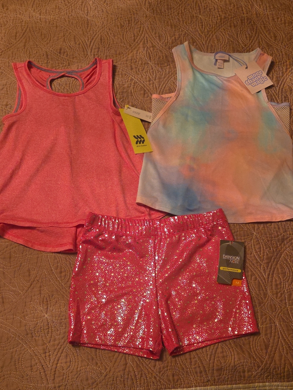 Danskin Now Pink Glitter Shorts with Pink Tank & Pastel Tie-Dye Tank